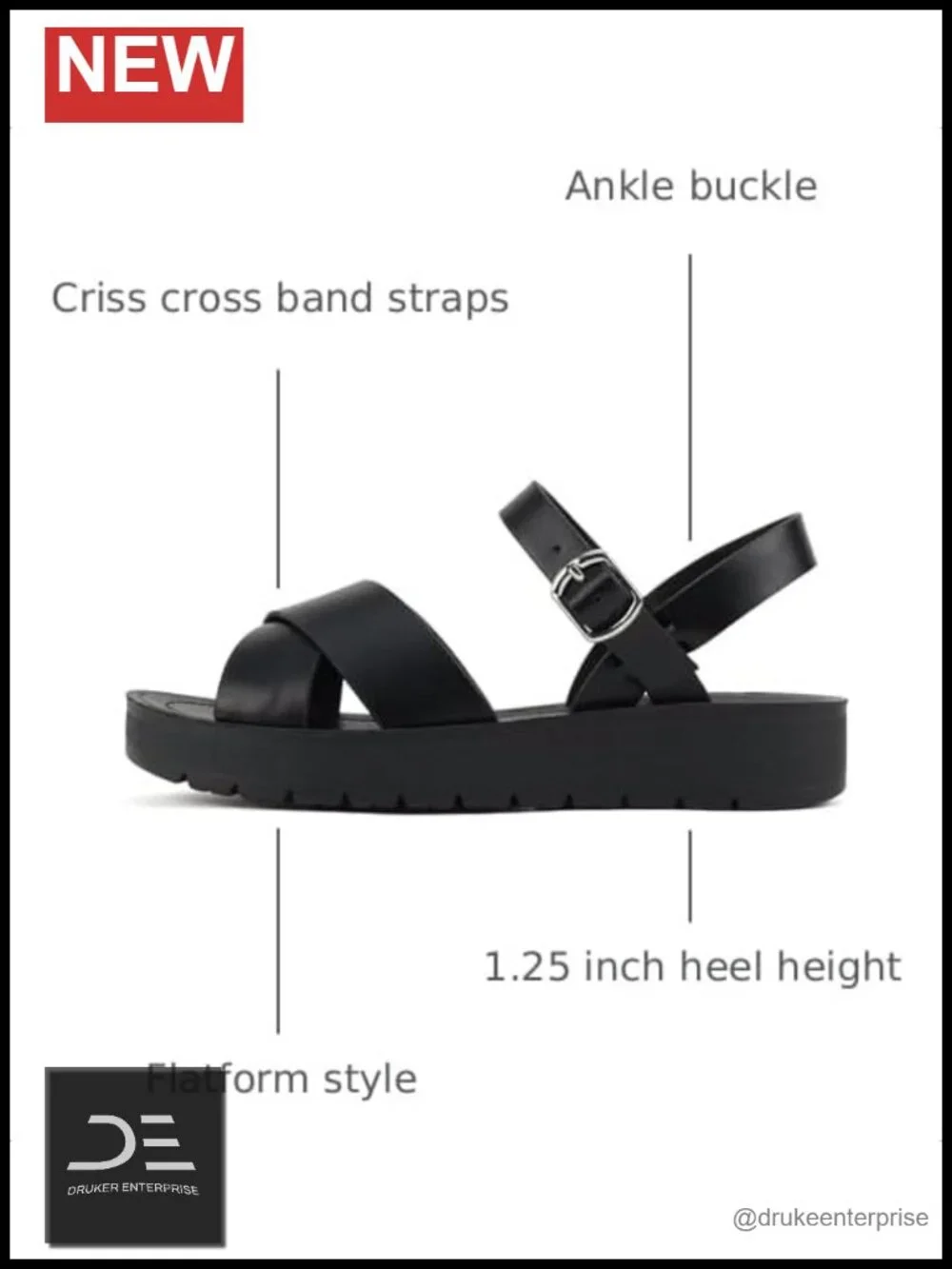 Women Flatform Sandals Ankle Buckle Criss Cross Band Straps Vegan Leather